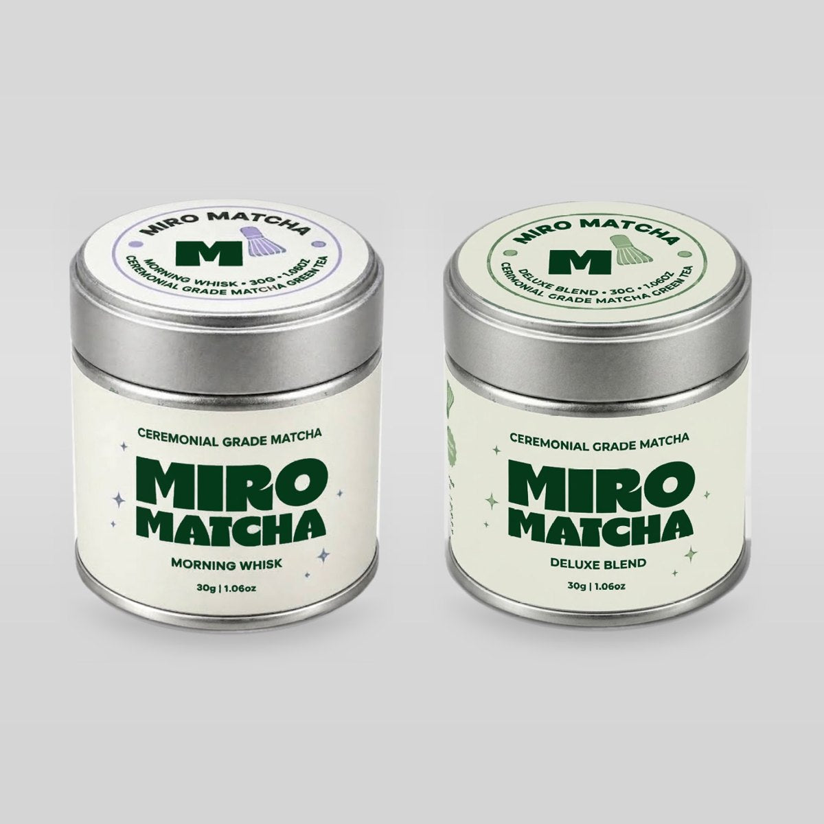 Morning Whisk and Deluxe Blend tins side by side